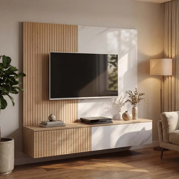 Parete attrezzata 160x148h cm sospesa cannettato, rovere, bianco effetto marmo Kendo