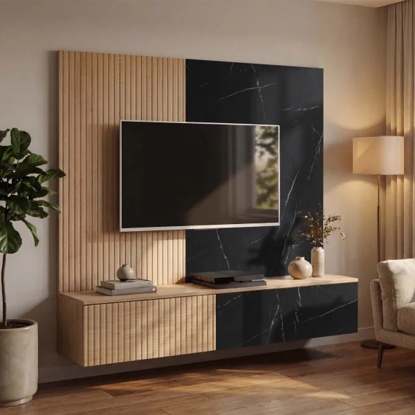 Parete attrezzata 160x148h cm sospesa cannettato, rovere, nero effetto marmo Kendo