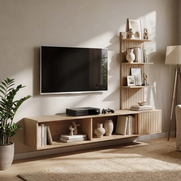 Parete attrezzata 180x130h cm sospesa rovere con stampa nera Kyoto