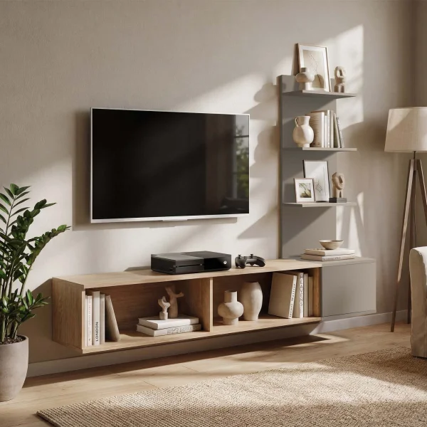 Parete attrezzata 180x130h cm sospesa rovere grigio Kyoto