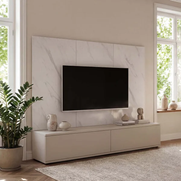 Parete attrezzata 180x155h cm beige cashmere pannello bianco effetto marmo Paula