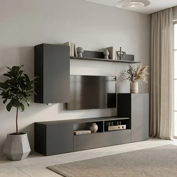 Parete attrezzata 210x161h cm moderna soggiorno antracite Cinematic