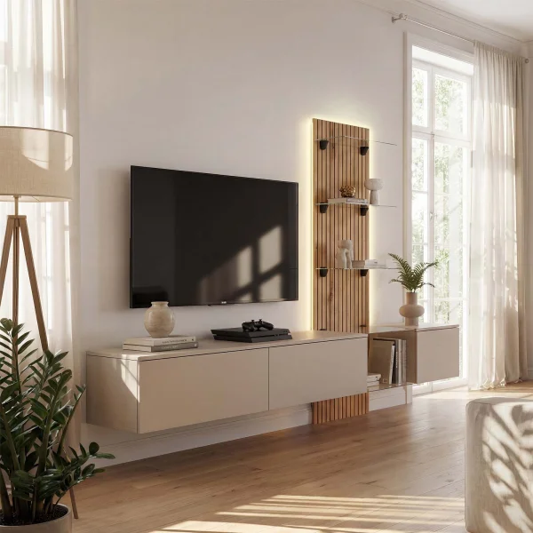 Parete attrezzata 220x160h cm sospesa beige cashmere rovere con stampa nera Halo
