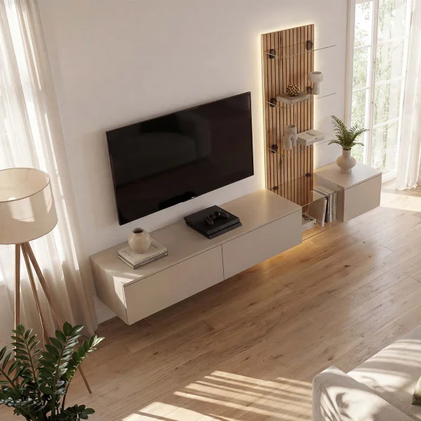 Parete attrezzata 220x160h cm sospesa beige cashmere rovere con stampa nera Halo