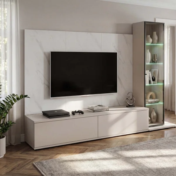 Parete attrezzata 220x175h cm con vetrina beige cashmere e bianco effetto marmo Paula
