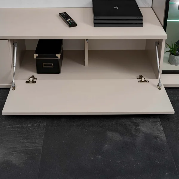 Parete attrezzata 220x175h cm con vetrina beige cashmere e bianco effetto marmo Paula