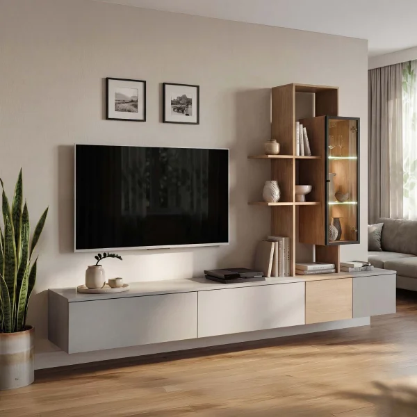 Parete attrezzata 240x160h cm sospesa moderna grigio rovere Tetra