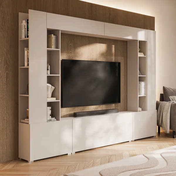 Parete attrezzata 261x194h cm 5 ante a ribalta e 2 librerie a 3 ripiani beige cashmere Arkansas