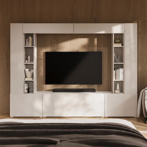 Parete attrezzata 261x194h cm 5 ante a ribalta e 2 librerie a 3 ripiani beige cashmere Arkansas