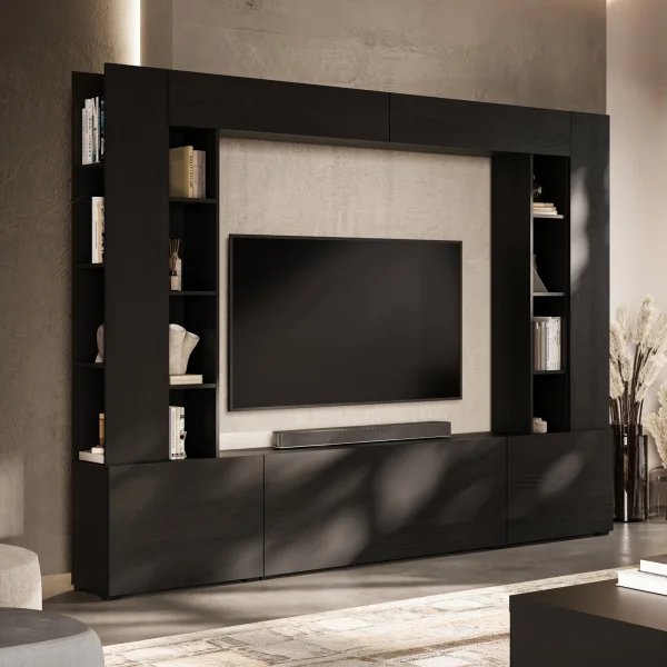 Parete attrezzata 261x194h cm 5 ante a ribalta e 2 librerie a 3 ripiani nero grafite Arkansas