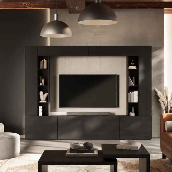 Parete attrezzata 261x194h cm 5 ante a ribalta e 2 librerie a 3 ripiani nero grafite Arkansas