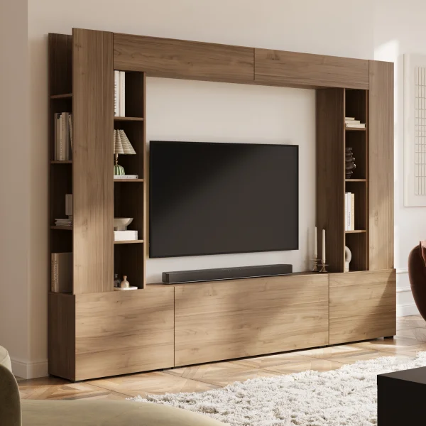 Parete attrezzata 261x194h cm 5 ante a ribalta e 2 librerie a 3 ripiani noce Arkansas