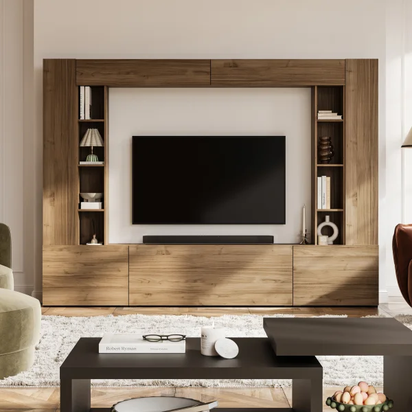 Parete attrezzata 261x194h cm 5 ante a ribalta e 2 librerie a 3 ripiani noce Arkansas