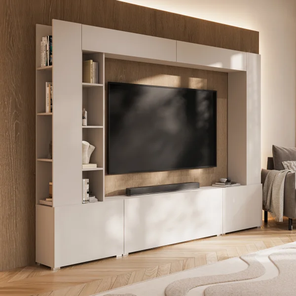 Parete attrezzata 261x194h cm 5 ante a ribalta e libreria 3 ripiani beige cashmere Arkansas