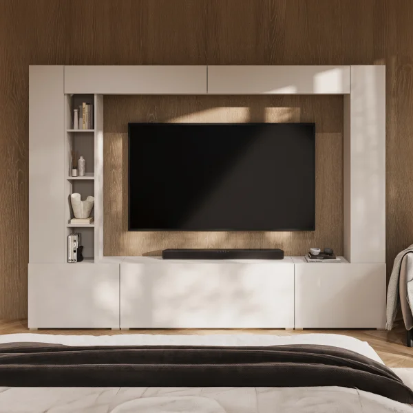Parete attrezzata 261x194h cm 5 ante a ribalta e libreria 3 ripiani beige cashmere Arkansas