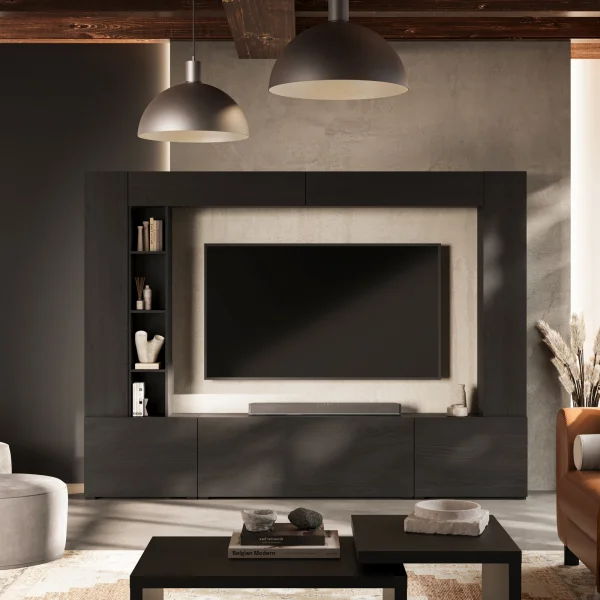 Parete attrezzata 261x194h cm 5 ante a ribalta e libreria 3 ripiani nero grafite Arkansas