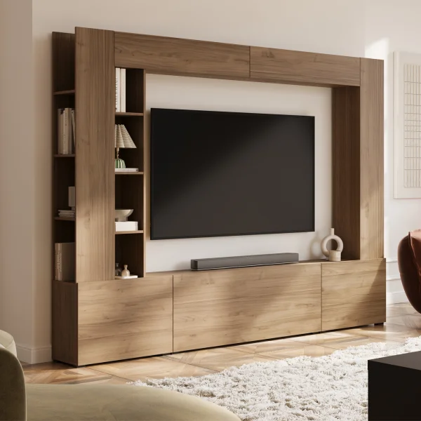 Parete attrezzata 261x194h cm 5 ante a ribalta e libreria 3 ripiani noce Arkansas