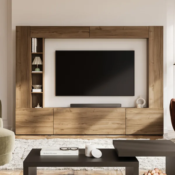 Parete attrezzata 261x194h cm 5 ante a ribalta e libreria 3 ripiani noce Arkansas