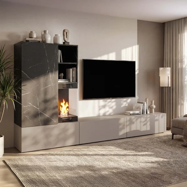 Parete attrezzata 270x158h cm con biocamino grigio nero effetto marmo Clio