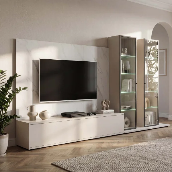 Parete attrezzata 280x175h cm con 2 vetrine beige cashmere e bianco effetto marmo Paula