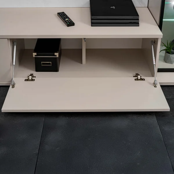Parete attrezzata 280x175h cm con 2 vetrine beige cashmere e bianco effetto marmo Paula