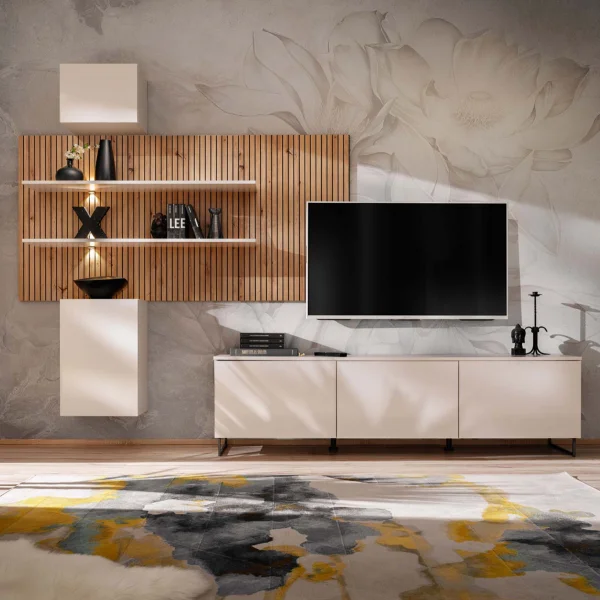 Parete attrezzata 280x200h cm beige cashmere rovere con stampa nera Barcellona