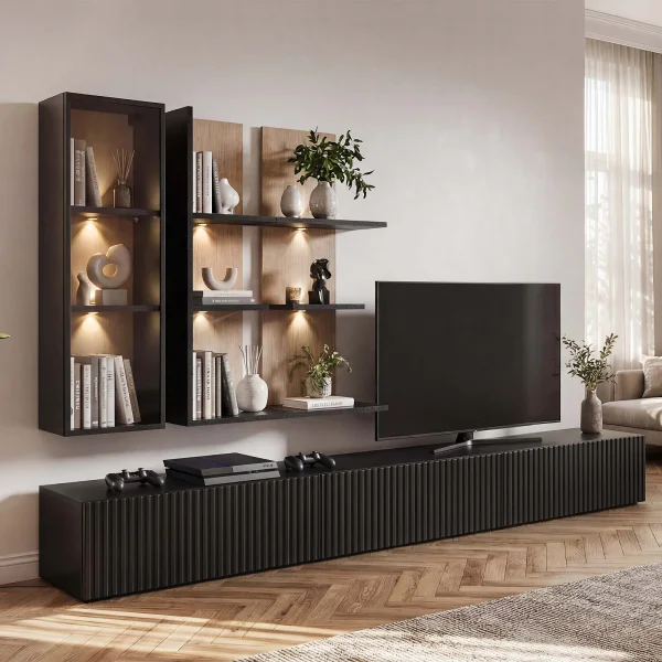 Parete attrezzata 300x160h cm moderna cannettato rovere nero Stripe