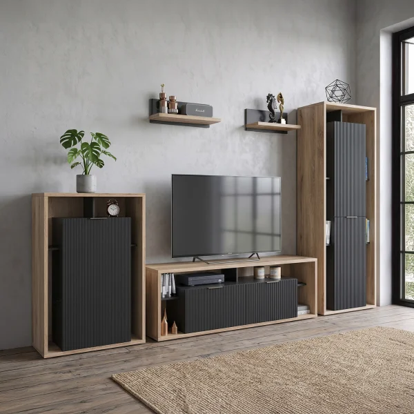 Parete attrezzata 310x201h cm moderna cannettato rovere nero Savona