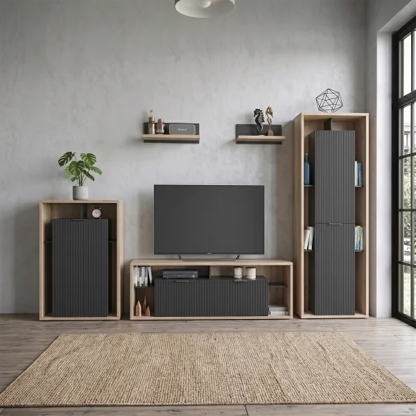 Parete attrezzata 310x201h cm moderna cannettato rovere nero Savona