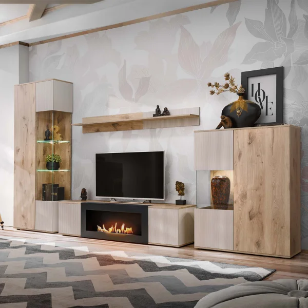 Parete attrezzata 320x198h cm con biocamino rovere beige cashmere Cadiz