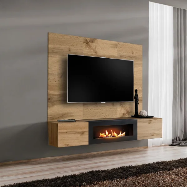 Parete attrezzata con biocamino 180x148h cm con 2 ante a ribalta rovere Geo 20