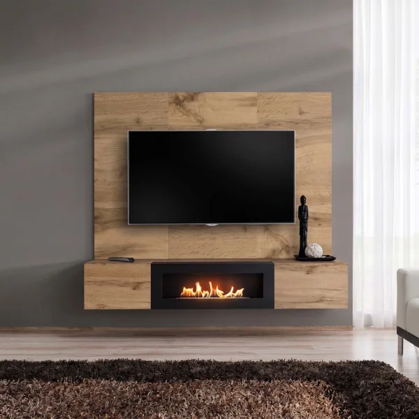Parete attrezzata con biocamino 180x148h cm con 2 ante a ribalta rovere Geo 20