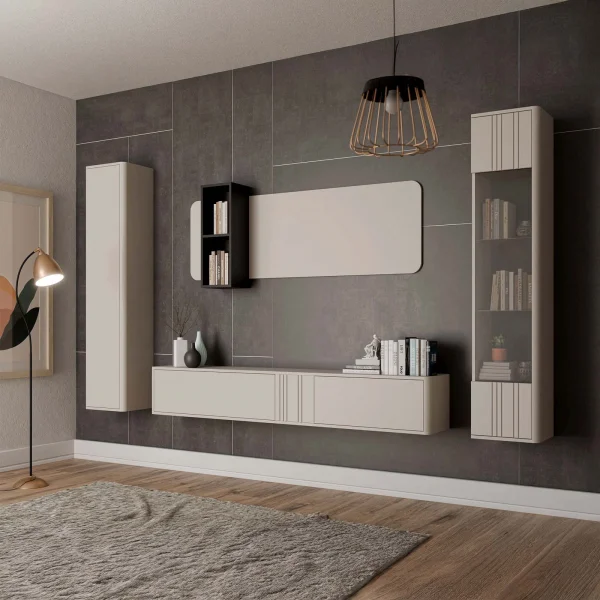 Parete attrezzata sospesa 272x200h cm moderna beige cashmere Bellagio 1