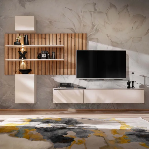 Parete attrezzata sospesa 280x180h cm beige cashmere rovere con stampa nera Barcellona