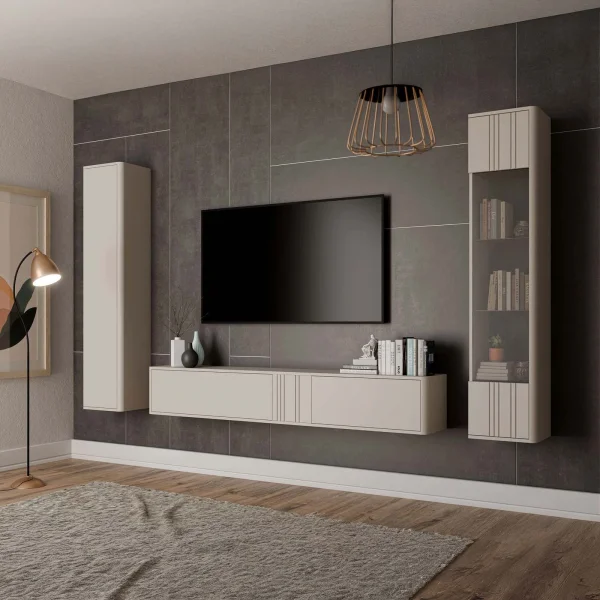 Parete attrezzata sospesa 302x200h cm moderna beige cashmere Bellagio 4