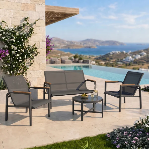 Salotto da giardino relax 4 posti con tavolino in acciaio e textilene grigio Amalfi