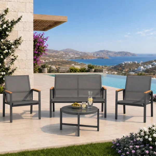Salotto da giardino relax 4 posti con tavolino in acciaio e textilene grigio Amalfi