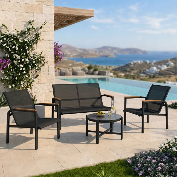 Salotto da giardino relax 4 posti con tavolino in acciaio e textilene nero Amalfi