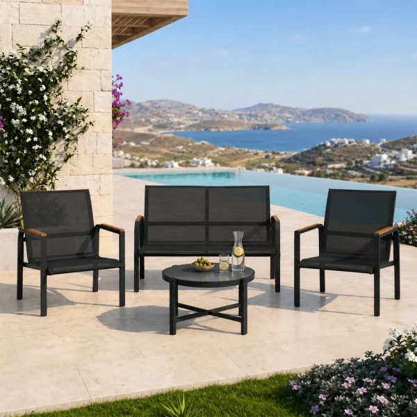 Salotto da giardino relax 4 posti con tavolino in acciaio e textilene nero Amalfi