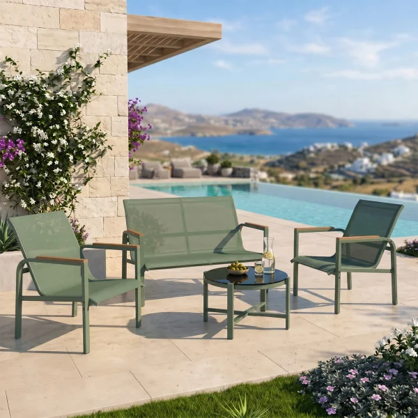 Salotto da giardino relax 4 posti con tavolino in acciaio e textilene verde Amalfi
