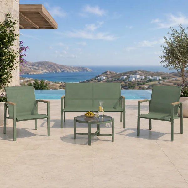 Salotto da giardino relax 4 posti con tavolino in acciaio e textilene verde Amalfi