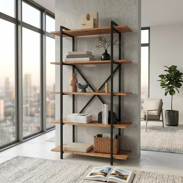 Scaffale libreria 90x160h cm 5 ripiani industrial metallo rovere rustico Loft