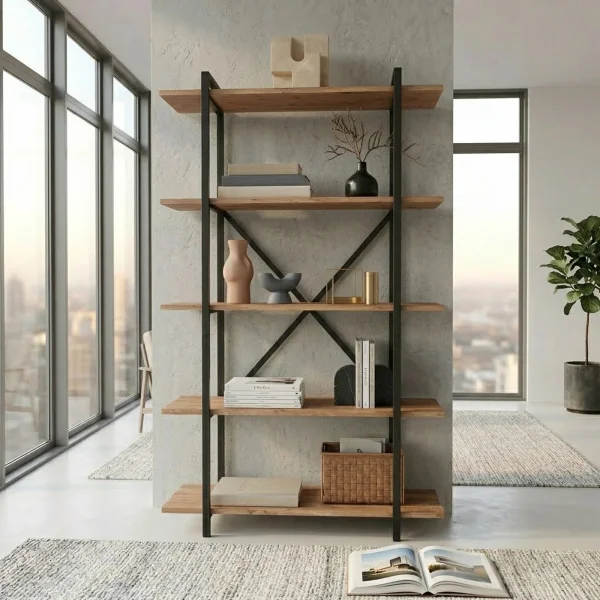 Scaffale libreria 90x160h cm 5 ripiani industrial metallo rovere rustico Loft