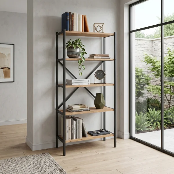 Scaffale libreria multiuso 66x158h 5 ripiani industrial metallo rovere rustico Loft