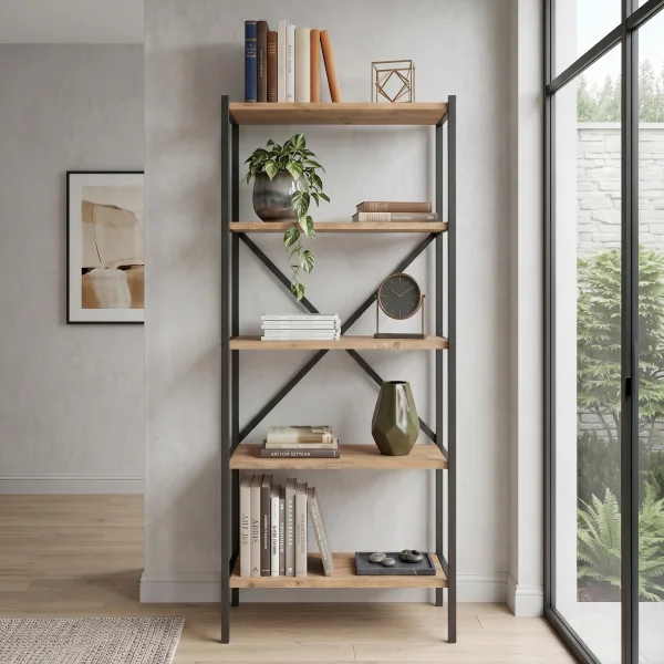 Scaffale libreria multiuso 66x158h 5 ripiani industrial metallo rovere rustico Loft