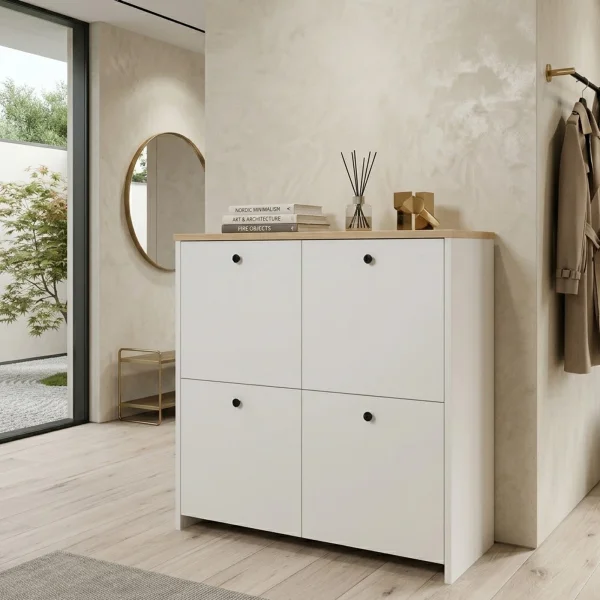 Scarpiera 90x90h cm 4 ante 4 ripiani multiuso bianco con top rovere Jamaica