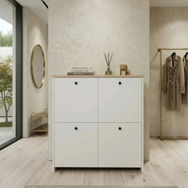 Scarpiera 90x90h cm 4 ante 4 ripiani multiuso bianco con top rovere Jamaica