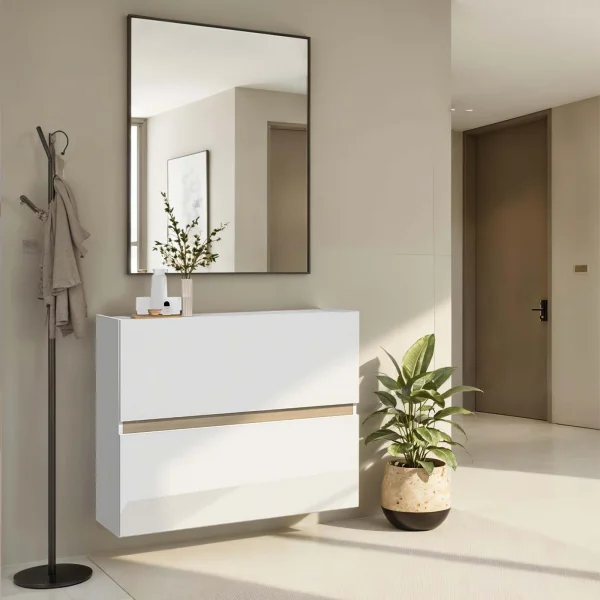 Scarpiera ingresso 103x81h cm 2 ante a ribalta bianco lucido top rovere Noren