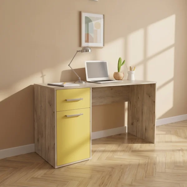 Scrivania 130x60 cm 1 anta 1 cassetto bianco frassinato giallo Bra