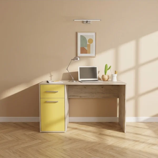 Scrivania 130x60 cm 1 anta 1 cassetto bianco frassinato giallo Bra